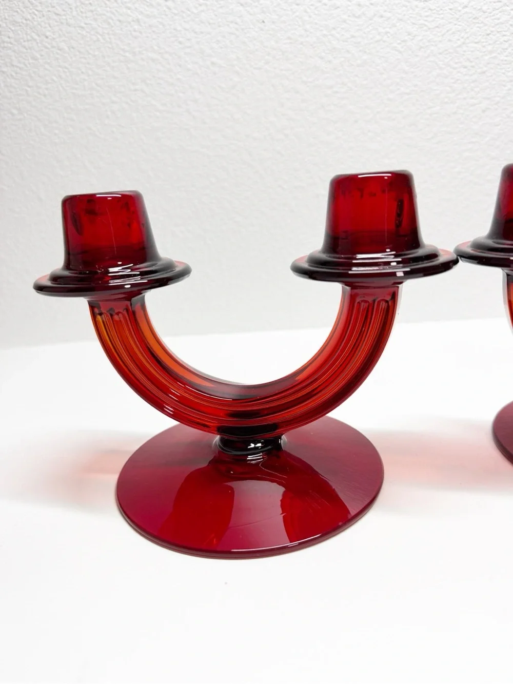Rare 30s Vintage Fostoria Ruby Red Duo Art Deco Taper Candle Sticks Pair
